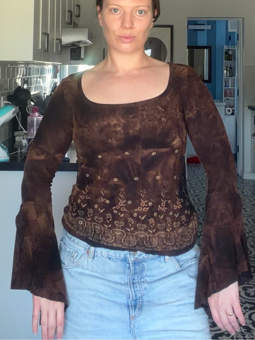 Y2K Brown Floral Embroidered Bell Sleeve Long Sleeve Top - Picture 6 of 14